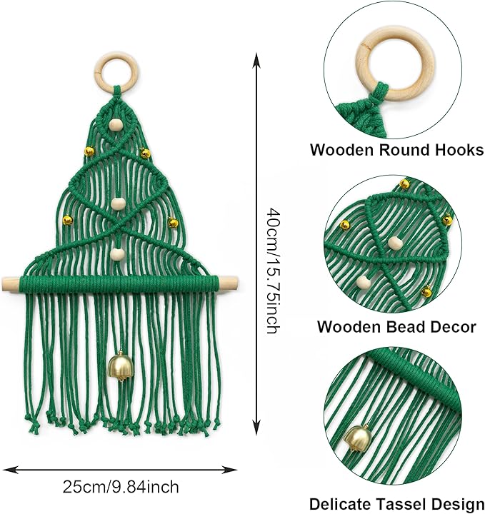 HVEST Green Macrame Christmas Tree Wall Hanging- Macrame Christmas Ornaments- Boho Xmas Gifts- Handmade Woven Tapestry for Bedroom Living Room Holiday Decorations, 16L X 10W