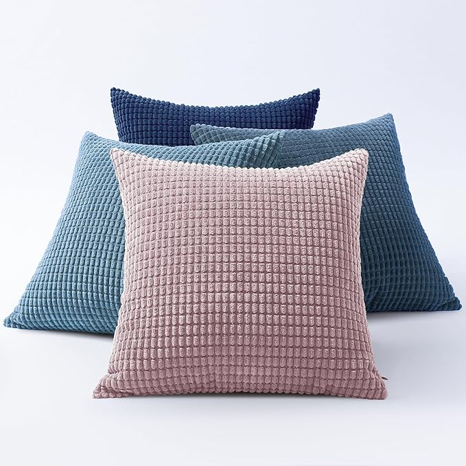 Softalker Throw Pillow Covers 18x18 Inch, Set of 4, Soft Corduroy Boho Stripe Decorative Pillow Cover, Couch Fluffy Pillow Cover for Farmhouse Home Decor Bed Living Room, Pink/Blue