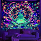 ARTCREATOR Blacklight Frog Mushroom Tapestry, Whimsical Hippie Wall Decor UV Reactive Tapestries Vintage Meditating Frog Tapestries for Living Room Bedroom (70" x 90")
