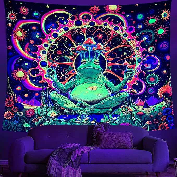 ARTCREATOR Blacklight Frog Mushroom Tapestry, Whimsical Hippie Wall Decor UV Reactive Tapestries Vintage Meditating Frog Tapestries for Living Room Bedroom (70" x 90")