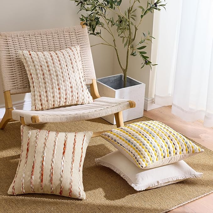 ANRODUO Boho Chenille Textured Tufted Pillow Covers 18x18 Inch Set of 2 Woven Decorative Throw Pillow Covers with Raised Stripes Accent Neutral Pillowcase for Couch Sofa Bed Living Room, Yellow Cream