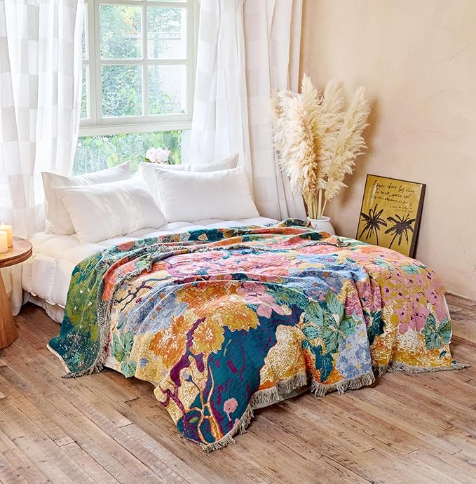 Boho Throw Blanket - 100% Cotton Throw Blankets for Bed Couch, 50"x60" Soft Muslin Lightweight Spring Throw Blanket, Cozy Oil Painting Bohemain Bedding Decor Green Throw Quilt