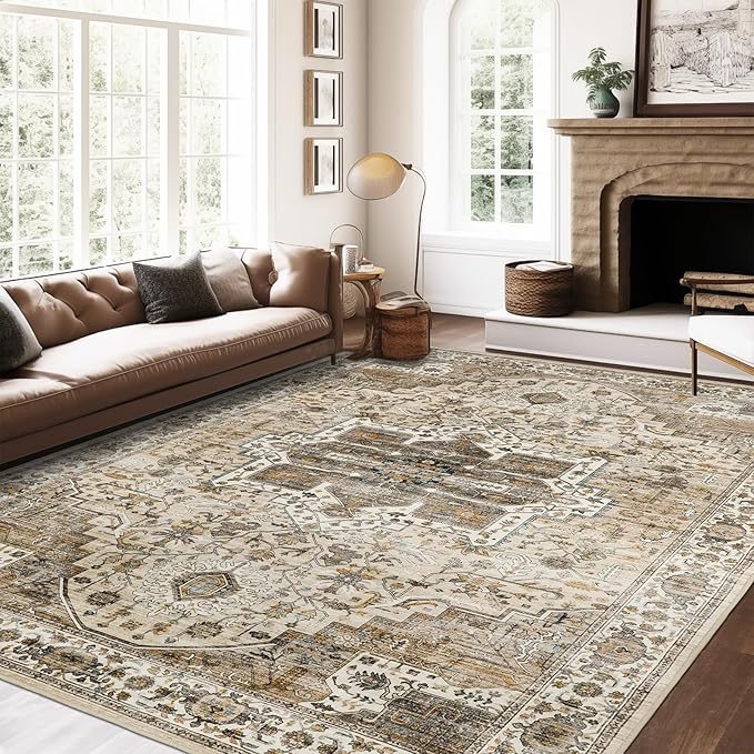 6x9 Rug, Stain Resistant Washable Area Rugs with Anti-Slip Backing, Vintage Large Bedroom, Living Room Rugs, Foldable Soft Rug (Beige/Brown, 6'x9')