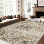 5x7 Area Rugs, Stain Resistant Machine Washable Area Rugs with Non-Slip Backing, Vintage Rugs for Bedroom, Living Room, Large Soft Low Pile Area Rug (Beige/Brown, 5'x7')
