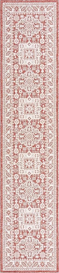 Rugs.com Outdoor Aztec Collection Rug – 12 Ft Runner Rust Red Flatweave Rug Perfect for Hallways, Entryways