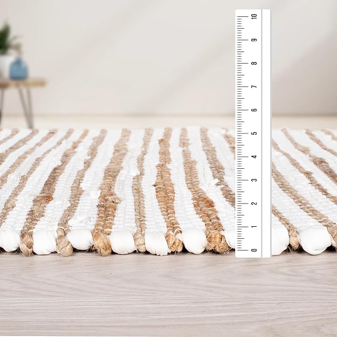 Jute Cotton Hand Woven Area Eug 2x3 Feet - Natural White, Small Farmhouse Reversible Stripe Hand Woevn Door Mat Ideal for Entryway, Kitchen, Bedroom | Beige Boho Soft Floor Rugs for Balcony