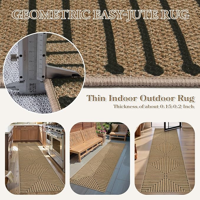 Lahome Neutral Geometric Washable Runner Rug, 2x8 Kitchen Runners for Hallways Non Slip Entryway Rug, Farmhouse Rhombus Low Pile Non Shedding Nature Indoor Outdoor Carpet Runner for Laundry Room
