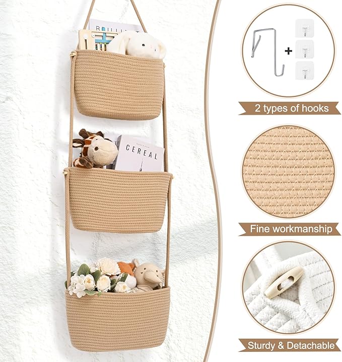 Hanging Basket, 3-Tier Wall Baskets, Over the Door Organizer with 4 Hooks, Hanging Baskets for Organizing, Woven Storage Basket Behind the Door for Nursery, Bedroom, Living Room, Kitchen