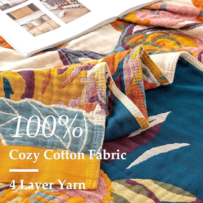 Boho Throw Blanket for Couch 100% Cotton Soft Breathable Butterfly and Floral Double Embroidery Spring Throw Blanket,50"x60" All Season Reversible Throws for Sofa Chair Bohemian Decor for Livingroom