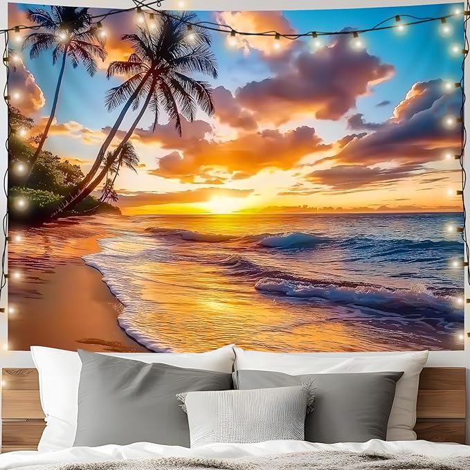 AOHMPT Ocean Sunset Tapestry, Beach Evening Sunset Tapestry, Natural Beach Palm Tree Landscape Poster, Seaside Landscape Wall Hanging for Bedroom, Dorm Room and Living Room Wall Decor 79" L x 59" W