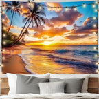 AOHMPT Ocean Sunset Tapestry, Beach Evening Sunset Tapestry, Natural Beach Palm Tree Landscape Poster, Seaside Landscape Wall Hanging for Bedroom, Dorm Room and Living Room Wall Decor 79" L x 59" W
