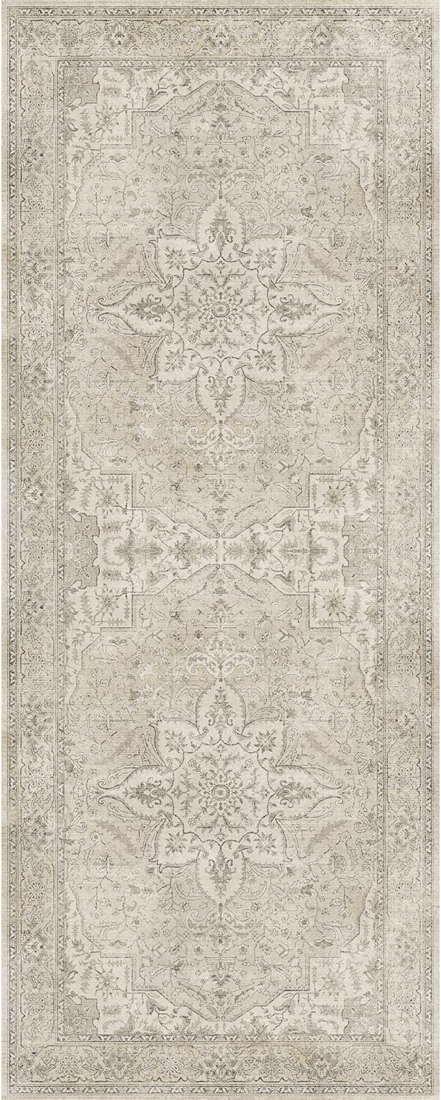 GENIMO 2X5 Washable Vintage Runner Rug for Hallway, Non-Slip Low Pile Chenille Print Rug, Soft Rugs for Indoor Entryway Kitchen Corridor, Linen & Taupe