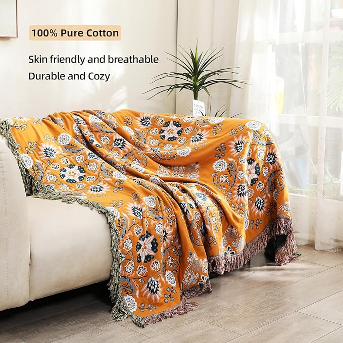 Boho Throw Blanket, 100% Cotton Soft King Yellow Throw for Bed-Floral Farmhouse Decor Blanket, Reversible Bohemian Throw for Sofa Chair Couch Quilt and Gift, 91" x 98"