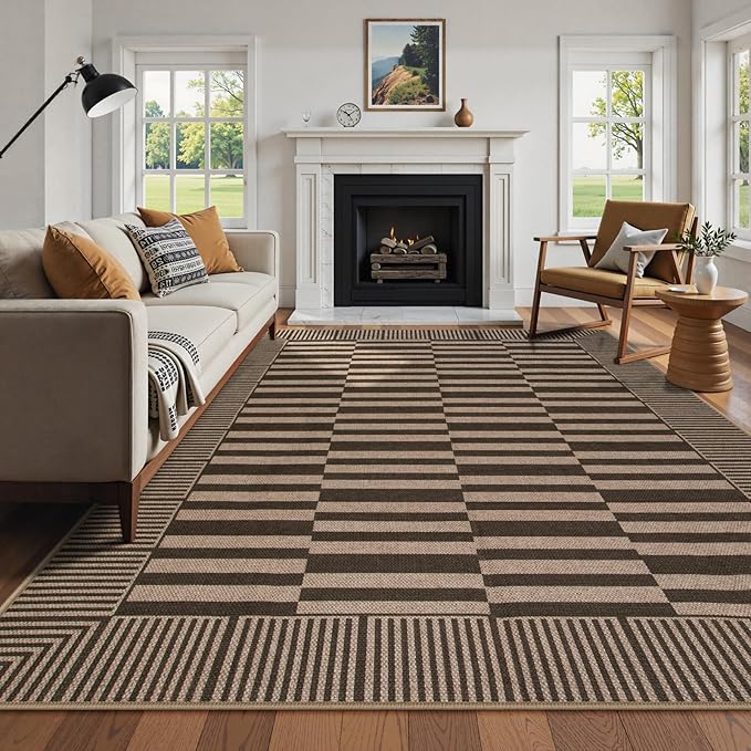 Beevia Striped 8x10 Neutral Jute Rug, Washable Modern Outdoor Rugs for Patio, Farmhouse Decor Non-Slip Large Carpet for Living Room Deck Backyard (Nature, 8x10ft)