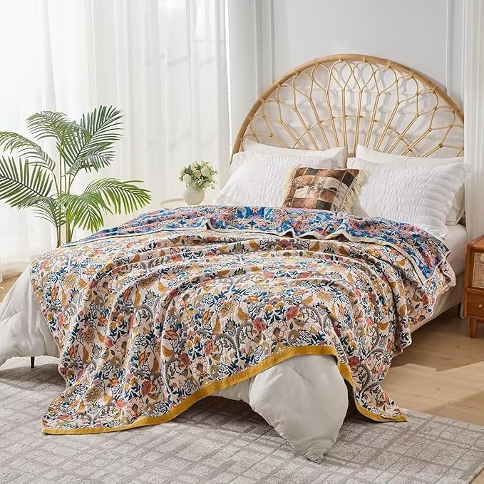 Boho Throw Blanket Farmhouse Decor Throw Blanket Bohemian Blanket for Bed 100% Cotton Muslin Woven Couch Blanket All Seasons Quilt Bedroom (White, 50"x60")