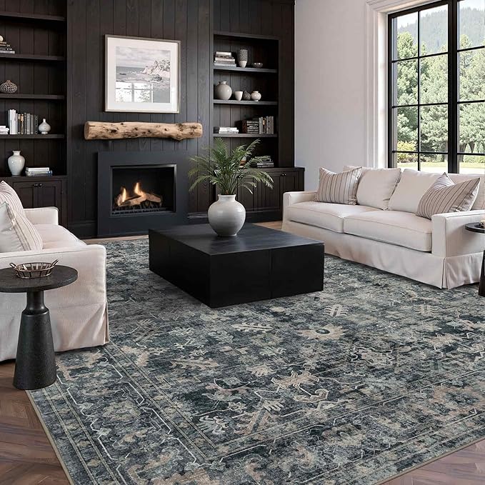 8x10 Area Rugs for Living Room Bedroom, Large Washable Rug, Blue Vintage Retro Boho Rug, Non Slip & Low Pile Faux Wool Thin Carpet for Indoor Dining Room and Kids Room(Blue 8x10ft)