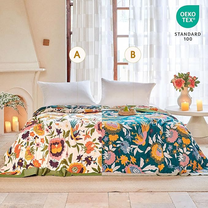 Boho Throw Blanket - 60"x80" 100% Cotton Ultra Soft Lightweight Blanket, 4-Layer Breathable Muslin Spring Blankets for Bed Couch, Reversible Green Floral Bird Printed Bohemian Cotton Quilt