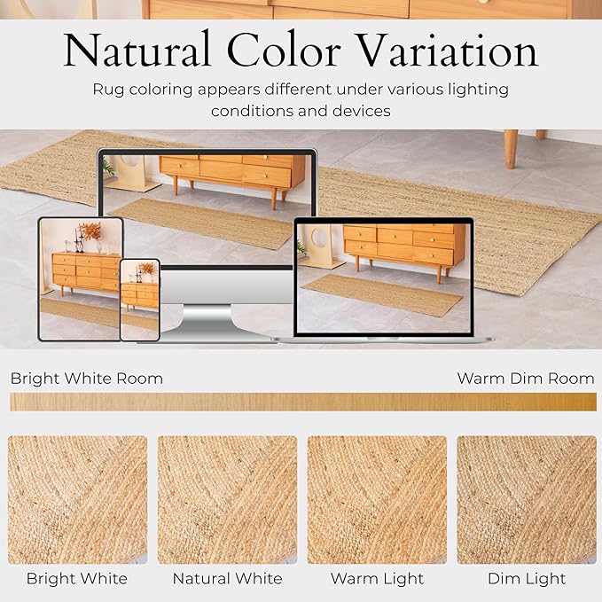 Jute Rug 2x6 Natural Runner Rug with Non-Slip Backing, Low-Profile Farmhouse Hallway Runner, Kithen Rug or Entryway Mat, Eco-Friendly 2x6 Runner for Boho Decor