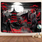 Anime Samurai Tapestry, Cool Red and Black Medieval Fantasy Dragon Tapestry Wall Hanging for Men, Mountain Forest Nature Sunset Dark Asia Japanese Tapestries Aesthetic for Living Room College, 60x40