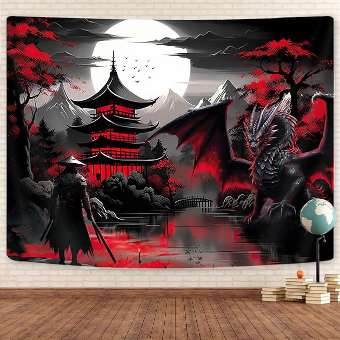Anime Samurai Tapestry, Cool Red and Black Medieval Fantasy Dragon Tapestry Wall Hanging for Men, Mountain Forest Nature Sunset Dark Asia Japanese Tapestries Aesthetic for Living Room College, 60x40