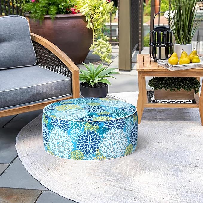 Indoor/Outdoor Inflatable Ottoman D21 x H9 inch, Round Footstool Inflatable Foot Rest Ottoman with Handle, Portable Ottomans Pouf for Patio, Garden, Camping, Home, Dahlia Blue