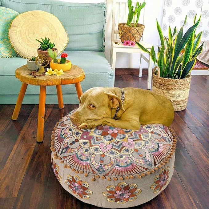 Modern Round Floor Cushion Cover Flower Room Décor Boho Furniture Round Floor Pillow Pouf Footstool Boho Chic Siting Area Stool Cushion Case Luxury Kids Room Décor Cotton 24x8 Unstuffed