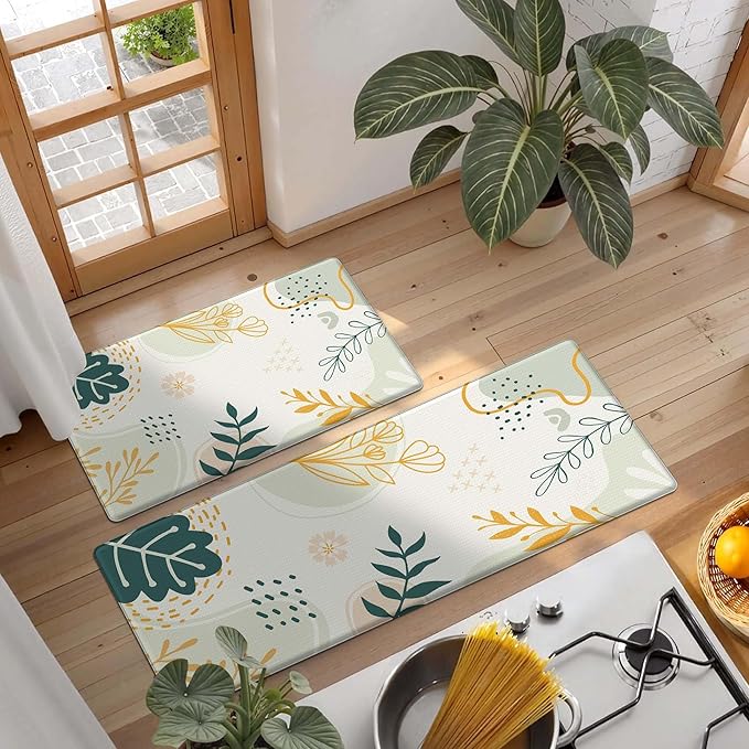 Boho Kitchen Rug Mats for Floor Cushioned Anti Fatigue Green Kitchen Rugs Sets of 2 Botanical Non Slip Waterproof Comfort Memory Foam Standing Floor Mat for Office Laundry Sink Desk