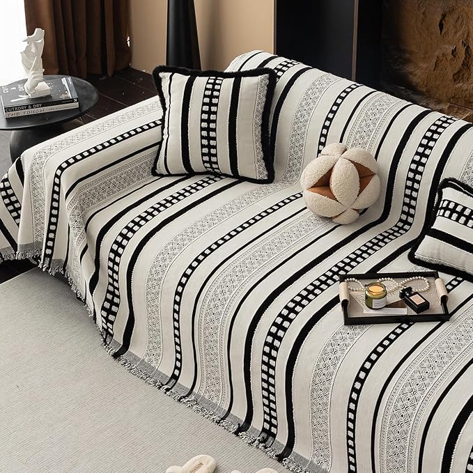 Striped Couch Cover Blankets, Boho Couch Covers, Sofa Blanket Cover for Dogs, Large Couch Covers for Loveseat Sofa, Chenille Sofas Covers Washable Sectional(1pc/Black/71 x 118")