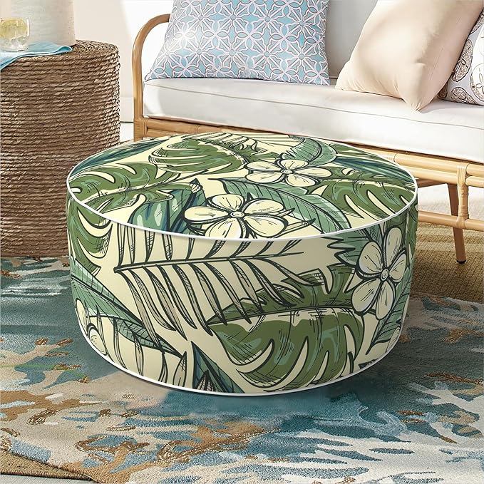 Inflatable Ottoman Stool D21 xH9 for Outdoor/Indoor Use, Water Repellent Patio Foot Rest with Portable Handle,Round Pouf Ottoman Suitable for Garden,Deck and Camping-Tropical Paradise