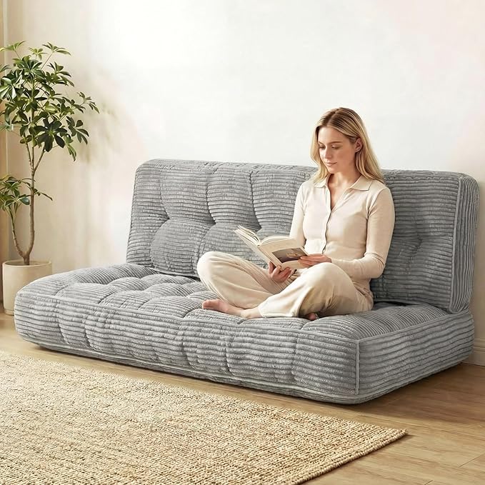 63 Inch Folding Bench Cushion, 4 Inch Thick 2-in-1 Convertible Long Floor Lounger Boneless Cushions Couch Mattress Upholstered for Yoga, Reading, Sleeping, Meditation Living Room(Light Grey)