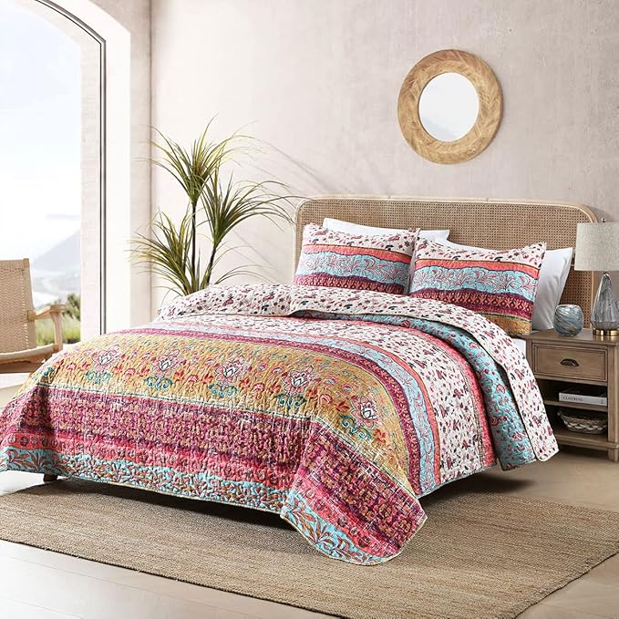 Boho Style Queen Quilt Set Reversible Bohemian Floral Strip Quilt Beddding Set, Soft and Lightweight Bedspread for All Season, Full Size Bed Coverlet with 2 Matching Pillow Shams (3 Pieces)