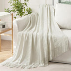 MIULEE Cream White Knitted Throw Blanket for Couch Textured Knit Blanket with Tassels Cozy Woven Boho Bed Blanket for Sofa Bed Chair Acrylic Wave Pattern 50"x60"
