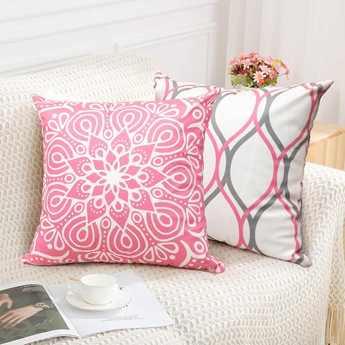 Coliuso Decorative Throw Pillow Covers 18x18 Set of 4, Pink and White Modern Simple Square Pillow Case Cushion Cover for Sofa Couch Farmhouse Living Room