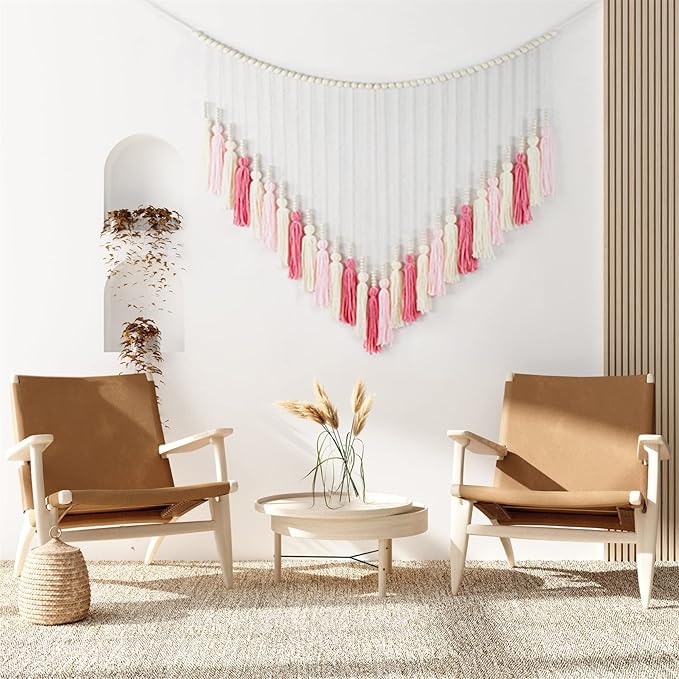 EOBTAIN Large Macrame Wall Hanging,Boho Blush Pink Tassel with Wood Beads Wall Decor for Nursery Bedroom Handmade Bohemian Tapestry for Living Room Dorm Home Decoration,Gifts for Girls Woman 30x36 Inch
