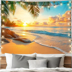 AOHMPT Ocean Tapestry, Beach Evening Sunset Tapestry, Natural Beach Palm Tree Landscape Tapestries Poster, Seaside Landscape Wall Hanging for Bedroom, Dorm Room and Living Room Wall Decor 79" L x 59" W