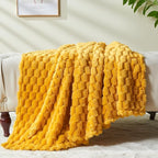 NEWCOSPLAY Super Soft Queen Blanket Mustard Yellow Premium Silky Flannel Fleece 3D Clouds Stylish Jacquard Lightweight Bed Blanket All Season Use 350GSM (Mustard Yellow, Queen(90"x90"))