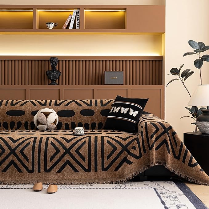 VClife Couch Cover Bohemian Morroccan Sofa Cover Washable Sofa Slipcover for 2 Cushion Couch Sofa Non Slip Soft Chenille Furniture Protector Modern Brown Black Slip Cover for Couch 71''x118''
