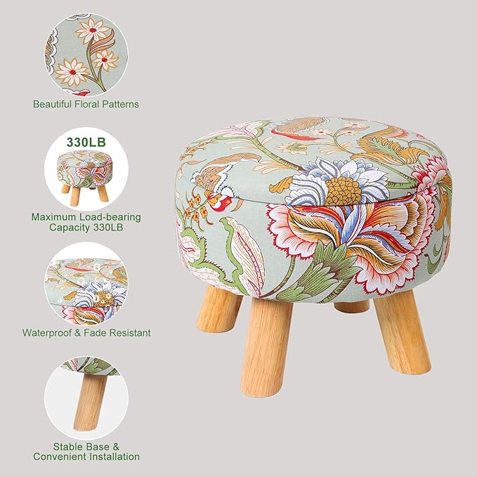 Round Storage Ottoman with Reversible Tray Lid, 12.7 "W x 10.6 "H Upholstered Footrest Pouf with Anti-slip & Scratch-resistant Foot Pads, Stain-Resistant Fabric Pouf, for Living Room, Bedroom, Dorm