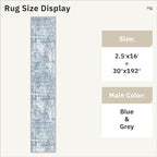Runner Rug 2'6" x 16' Washable Non-Slip 2.5x16 ft Long Runner Rugs for Kitchen Bathroom Laundry Room Vintage Ultra Thin Runners for Hallway Entryway Blue/Grey
