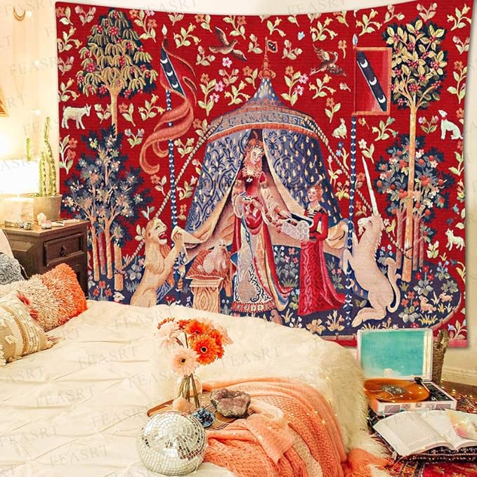 FEASRT GTQQAY1210 Medieval Princess Tapestry - Maiden & Unicorn Design, 80x60 inches, Perfect for Bedroom & Living Room Decor