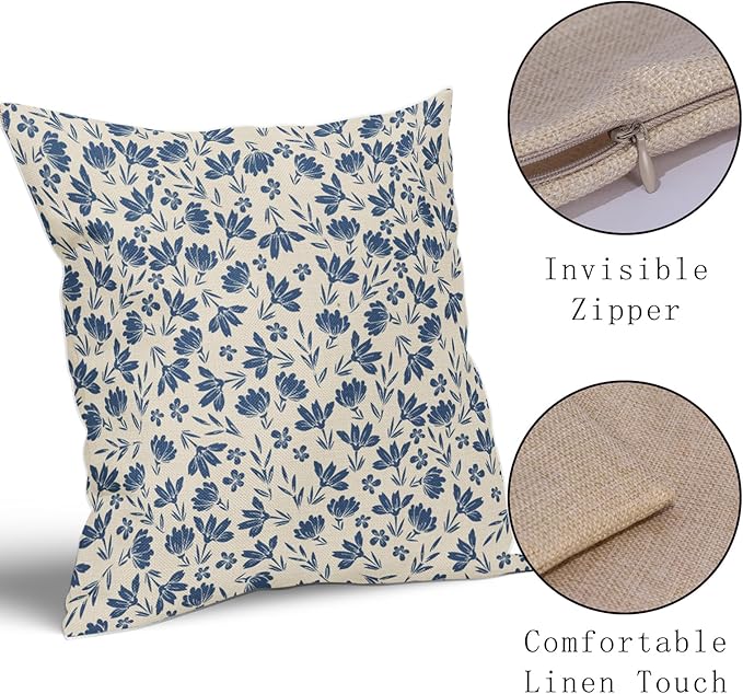 Blue Floral Pillow Covers 20x20 Set of 2 Vintage Rustic Old Style Cute Small Flower Blue Cream Print Decorative Outdoor Pillowcases Farmhouse Throw Cushion Case Decor for Couch Sofa Bed