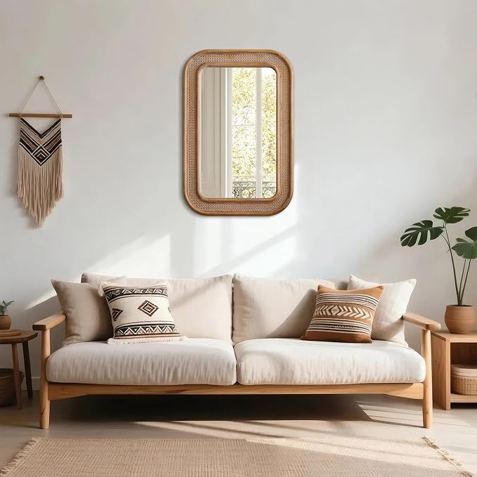 Micasso Handmade Rattan Mirror for Wall: 24"x36" Solid Wood Frame Bamboo Mirror - Distressed Finish Suit for Natural Style - Rustic Shabby Chic Wicker Mirrors for Farmhouse/Entryway for Nature Lovers