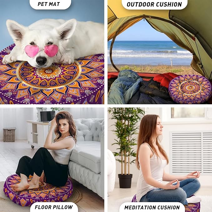 Mandala Meditation Cushion, Boho Meditation Mat, Meditation Pillows for Sitting on Floor, Cushions for Sitting in Home and Outdoor, Round Floor Pillows Cushion Seating for Yoga Accessories 22'' X 22''