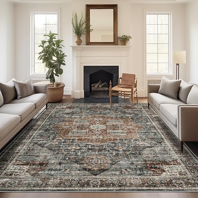 10x14 Area Rugs for Living Room - Large Washable Rug with Non-Slip Backing, Super Soft Vintage Carpet for Bedroom, Ultra-Thin Farmhouse Indoor Area Rug Home Decor (Grey/Brown/Tan, 10'x14')