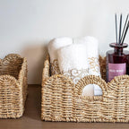 Scalloped Basket 2 Pack Wicker & Rattan Storage with Built-in Handles, Decorative Woven Seagrass Basket for Nursery & Bathroom Organization