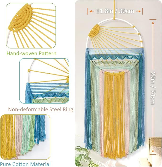MEIVINES Macrame Wall Hanging 11.8x27.6 Inches Boho Decor Sun Wall Art Dream Catchers Woven Hanging Tapestry Tassels Handmade Colorful Tapestry for Bedroom Living Room Nursery Apartment