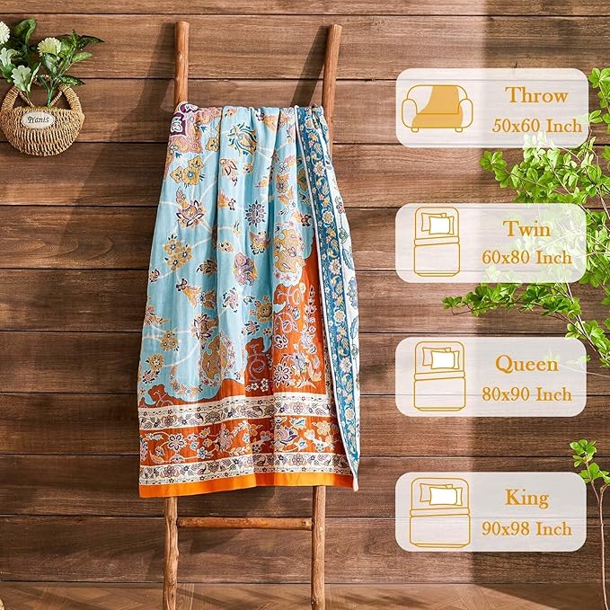 Boho Throw Blanket 100% Cotton Muslin Woven Blanket Bohemian Bed Throws Vintage Rustic Farmhouse Decor Reversible Bed Blanket Quilt for All Seasons（Yellow 80"x90"）