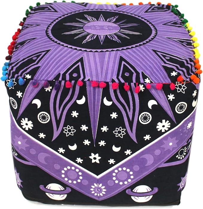 CRAFT KALA Large Hippie Mandala Meditation Floor Ottoman Pillow Cushion Pouf Cover Square Poufs Cover Bohemian Circle Floor Cushion Cover Outdoor Living Room Decor 18X18X14 inches, Purple Burning Sun