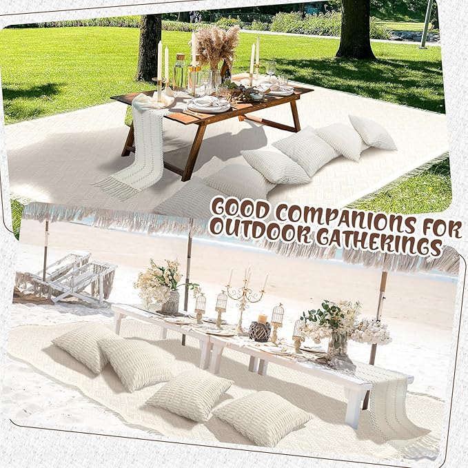 Extra Large Outdoor Boho Picnic Blanket 91'' x 71'' White Table Runner 6 Throw Pillow Cover Woven Cotton Yarn Oversize Beach Blanket Washable for Picnic Camp Wedding