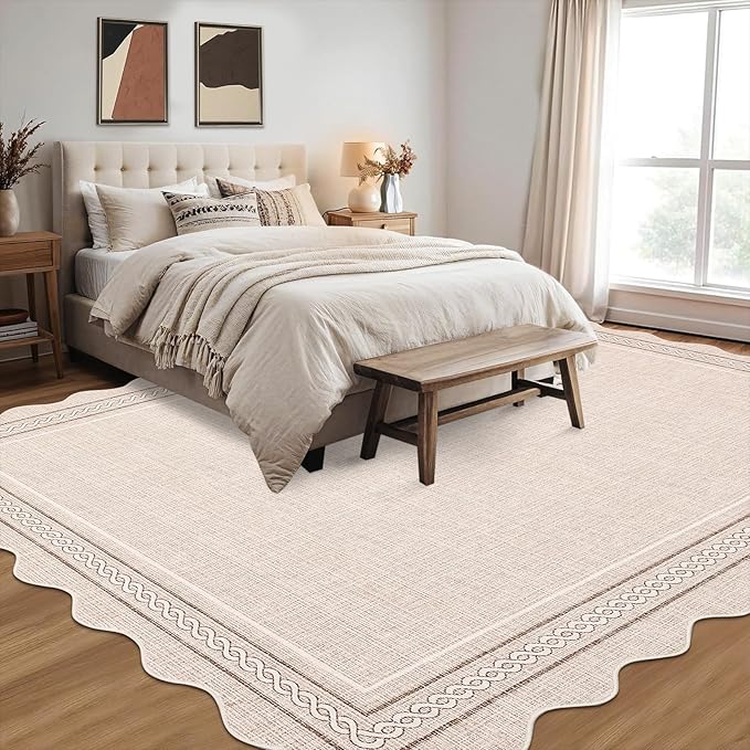 GarveeHome Scalloped Washable 8x10 Area Rugs for Living Room Non Slip Soft Solid Beige Bedroom Rugs Low Pile Foldable Large Area Rug Stain Resistant Carpet for Nursery Dining Room Playroom, Beige